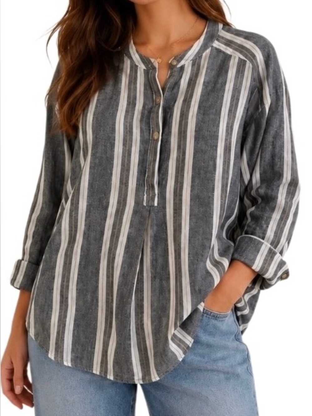Banana Republic Long Sleeve Split Neck Striped Popover in Grey/White Womens XL